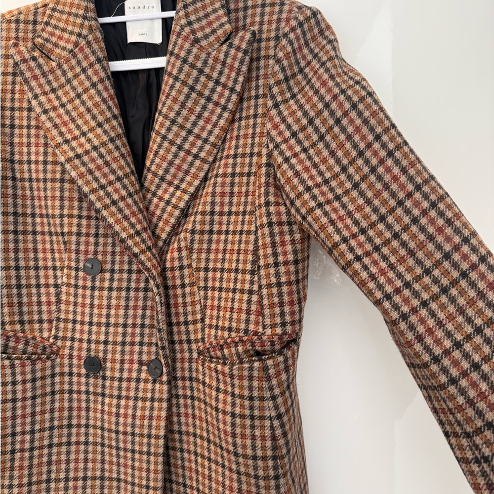 SANDRO Double-Breasted Long Plaid Coat in Brown - Picture 5 of 8